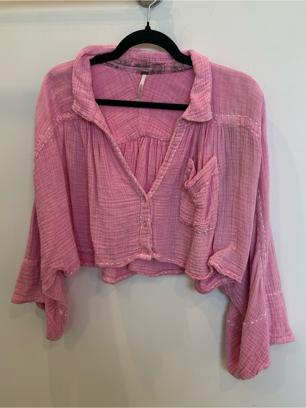 Free People Pink Gauze Cropped Button-Down Blouse